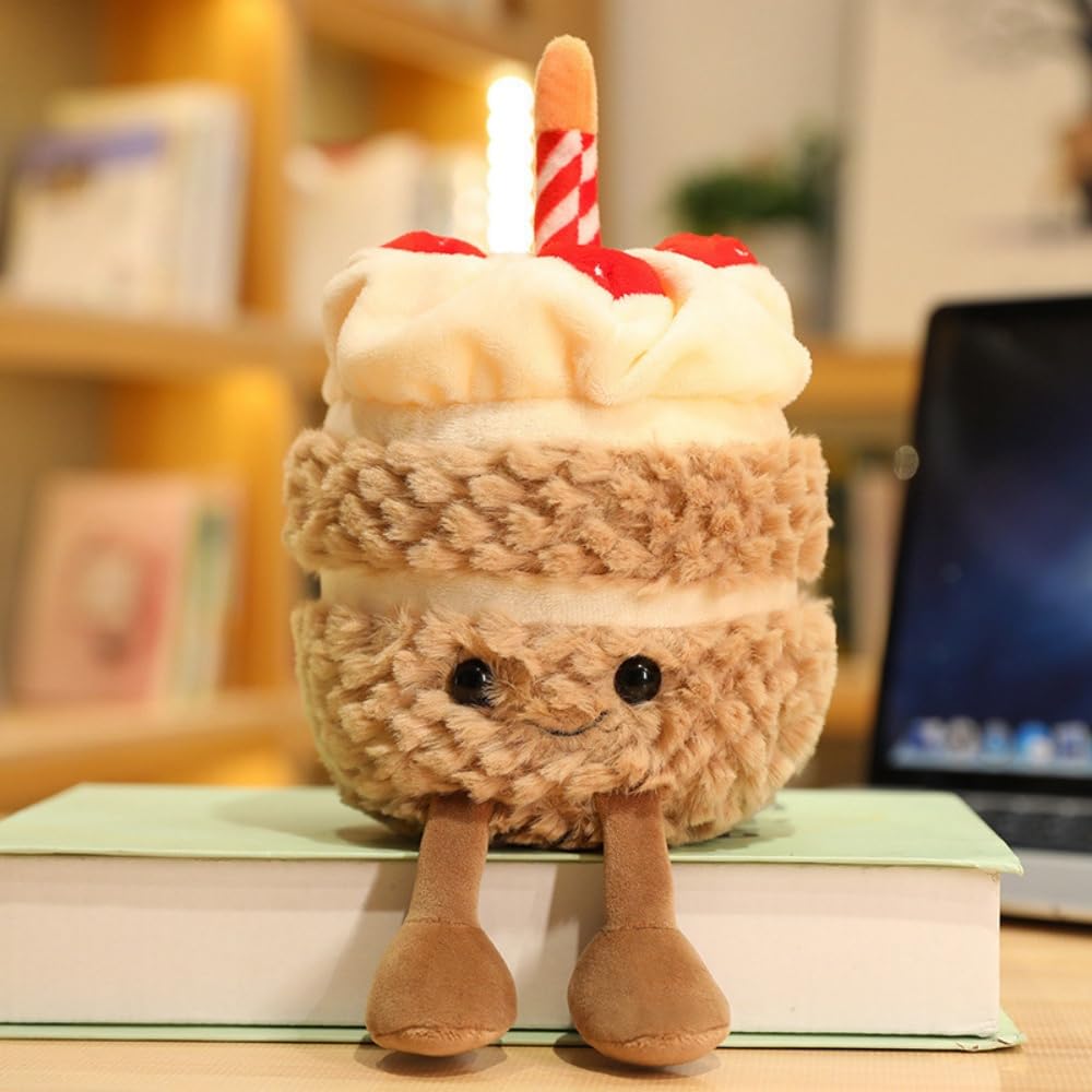 TONGMAN 11-Inch Birthday Cake Plush Toy Cute Cake Pillow Stuffed Animals Funny Soft Food Plushies Toy for Gifts for Kids Birthday (Khaki)