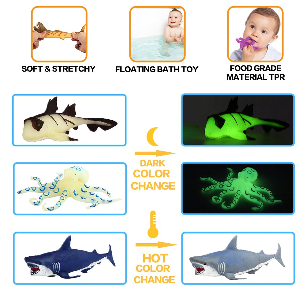 Ocean Sea Animal,8 Inch Rubber Bath Toy Set(8 Pack Random),Super Stretches Material TPR, Some Kinds Can Change Colour, ValeforToy Floating Bathtub Toy