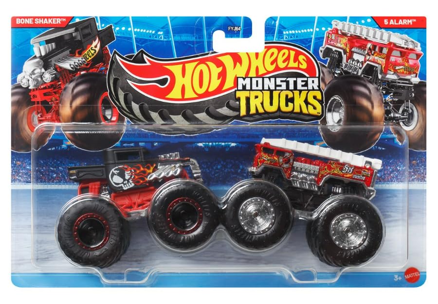 Hot Wheels Monster Trucks, Bone Shaker & 5 Alarm 2 Pack, 1:64 Scale Diecast Toy Vehicles