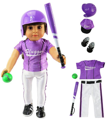 American Fashion World Purple Baseball Outfit for 18-Inch Dolls | Shoes and Accessories Included | Dolls Clothes | Fashions for Dolls for Popular