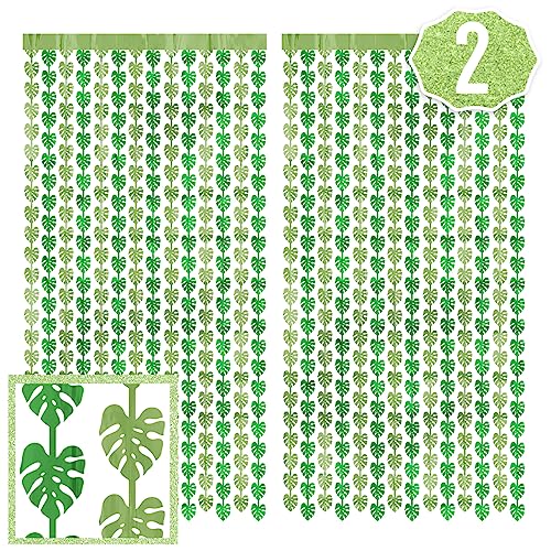 xo, Fetti Jungle Leaf Foil Curtain - Set of 2, 3x7 ft | Safari Theme Party Decorations, Zoo Animal Birthday Party Supplies, Baby Shower Favors