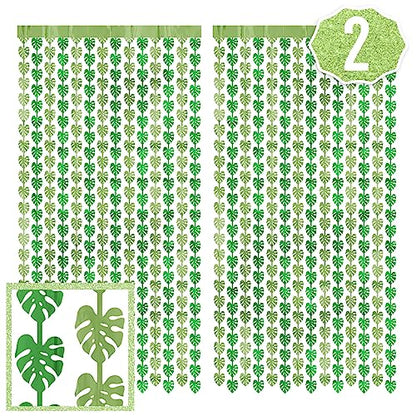 xo, Fetti Jungle Leaf Foil Curtain - Set of 2, 3x7 ft | Safari Theme Party Decorations, Zoo Animal Birthday Party Supplies, Baby Shower Favors