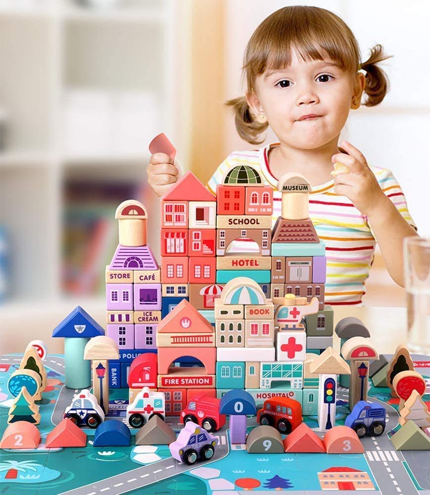 umbresen 115 Pcs Wooden City Building Blocks Set, Colorful Stacking Preschool Educational Toys for Toddlers Boys Girls Gifts with 20 Pcs Floor Jigsaw