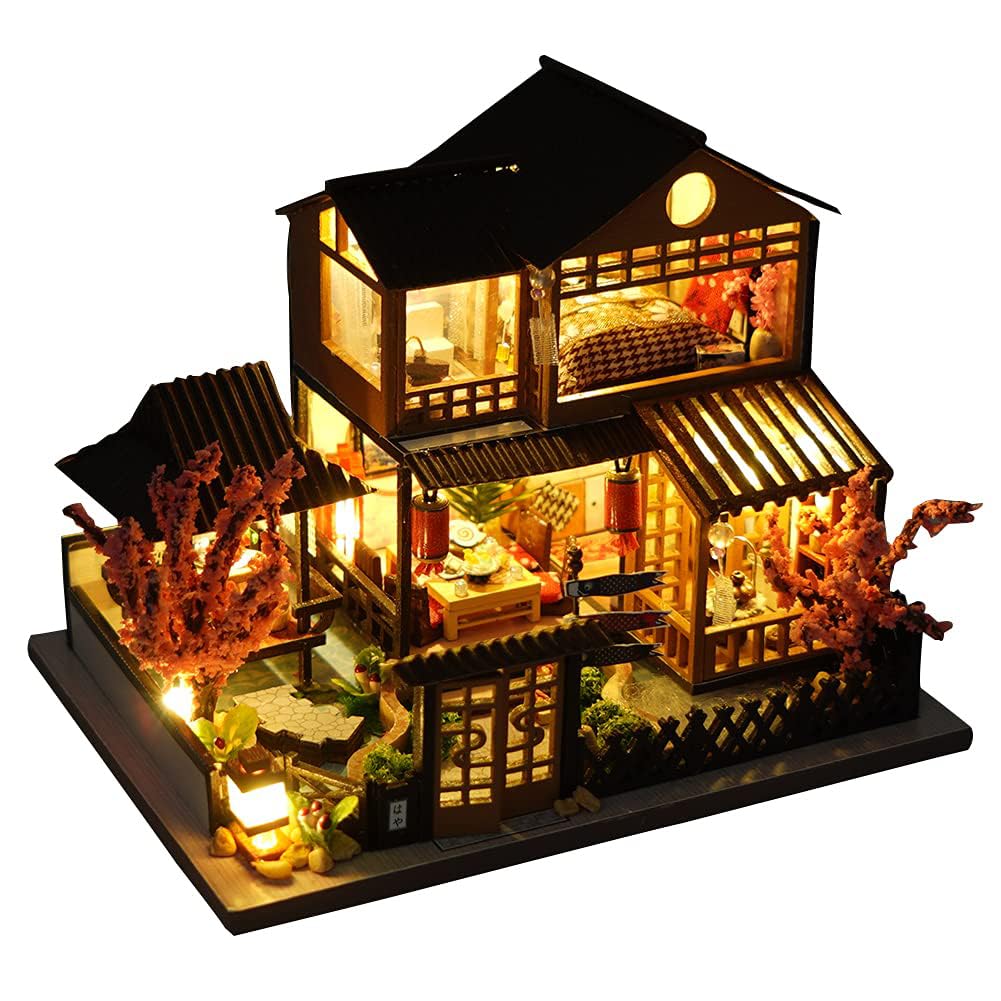 TOPBSFARNY Miniature Wooden Dollhouse Japanese Style Villa House DIY Doll House Kit Villa Building 3D Model Creative Gifts for Friend and Parents