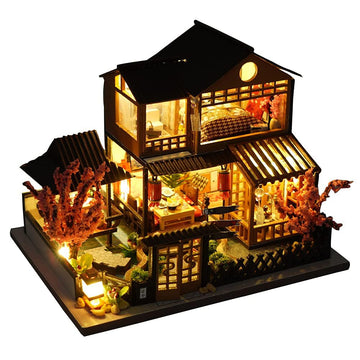 TOPBSFARNY Miniature Wooden Dollhouse Japanese Style Villa House DIY Doll House Kit Villa Building 3D Model Creative Gifts for Friend and Parents