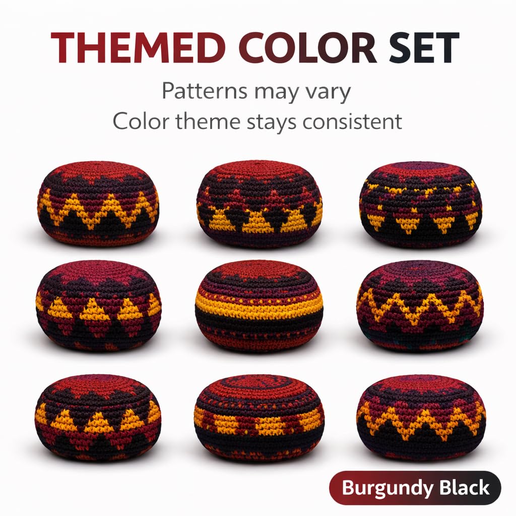 Funny Guy Mugs Footbag Balls 3 Pack Handmade Crocheted Kick Toss Balls from Guatemala Assorted Patterns Burgundy Black