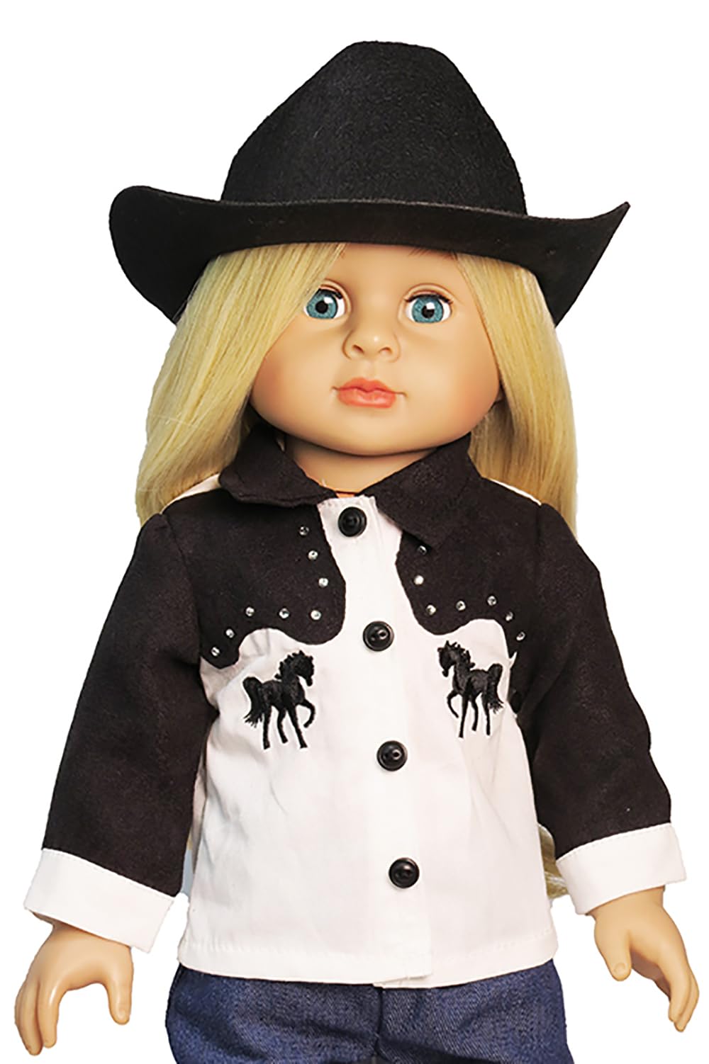 American Fashion World Western Cowboy/Cowgirl Outfit for 18 Inch Dolls - Shirt, Jeans, Black Cowboy Hat & Boots