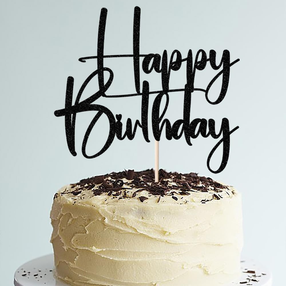 Happy Birthday Cake Topper,black Glitter Cake Pick Bunting Decor for Anniversary Birthday Party Cake Decorations Supplies