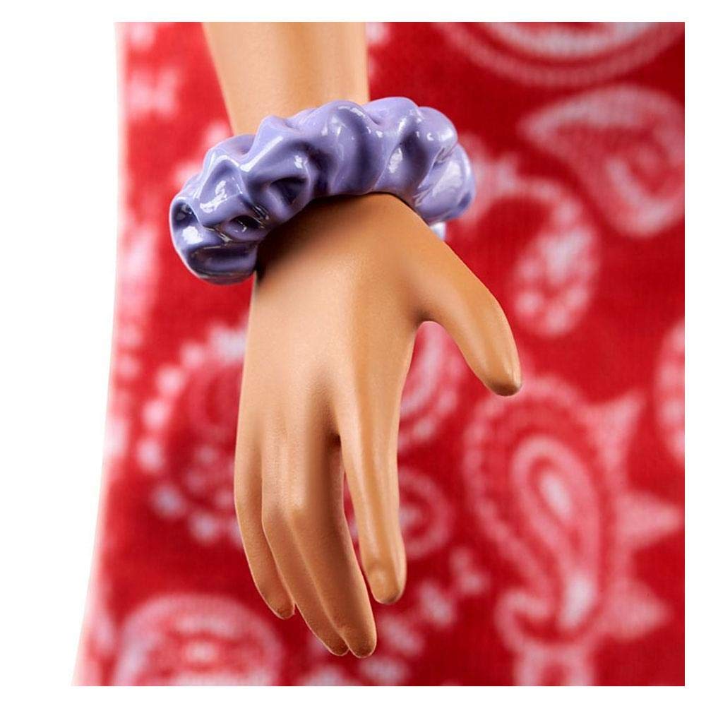 Barbie Fashionistas Doll #151 with Long Pink Hair Wearing a Red Paisley Top & Skirt, White Sneakers & Scrunchie Bracelet, Toy for Kids 3 to 8 Years