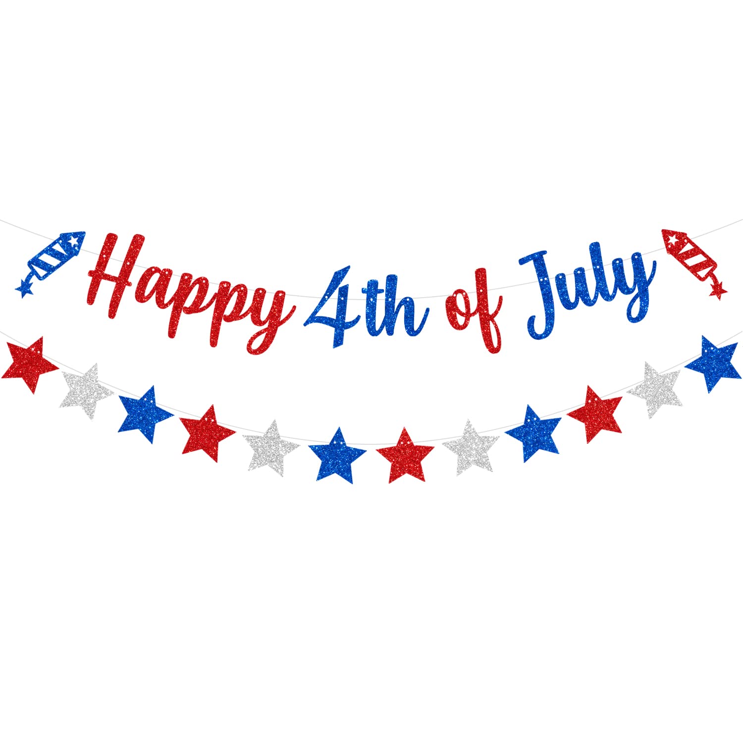 CAVLA Glittery Happy 4th of July Banner and Glitter Stars Banner Red White Blue Patriotic Fourth of July Garland Banner with Fireworks Signs