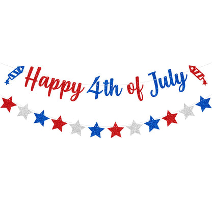 CAVLA Glittery Happy 4th of July Banner and Glitter Stars Banner Red White Blue Patriotic Fourth of July Garland Banner with Fireworks Signs