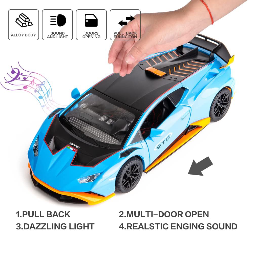 WAKAKAC Model Car 1/24 Scale Compatible for Lambo STO Die-cast Toy Vehicle Pull Back with Light and Sound Toy Car Door Can be Open (Blue)