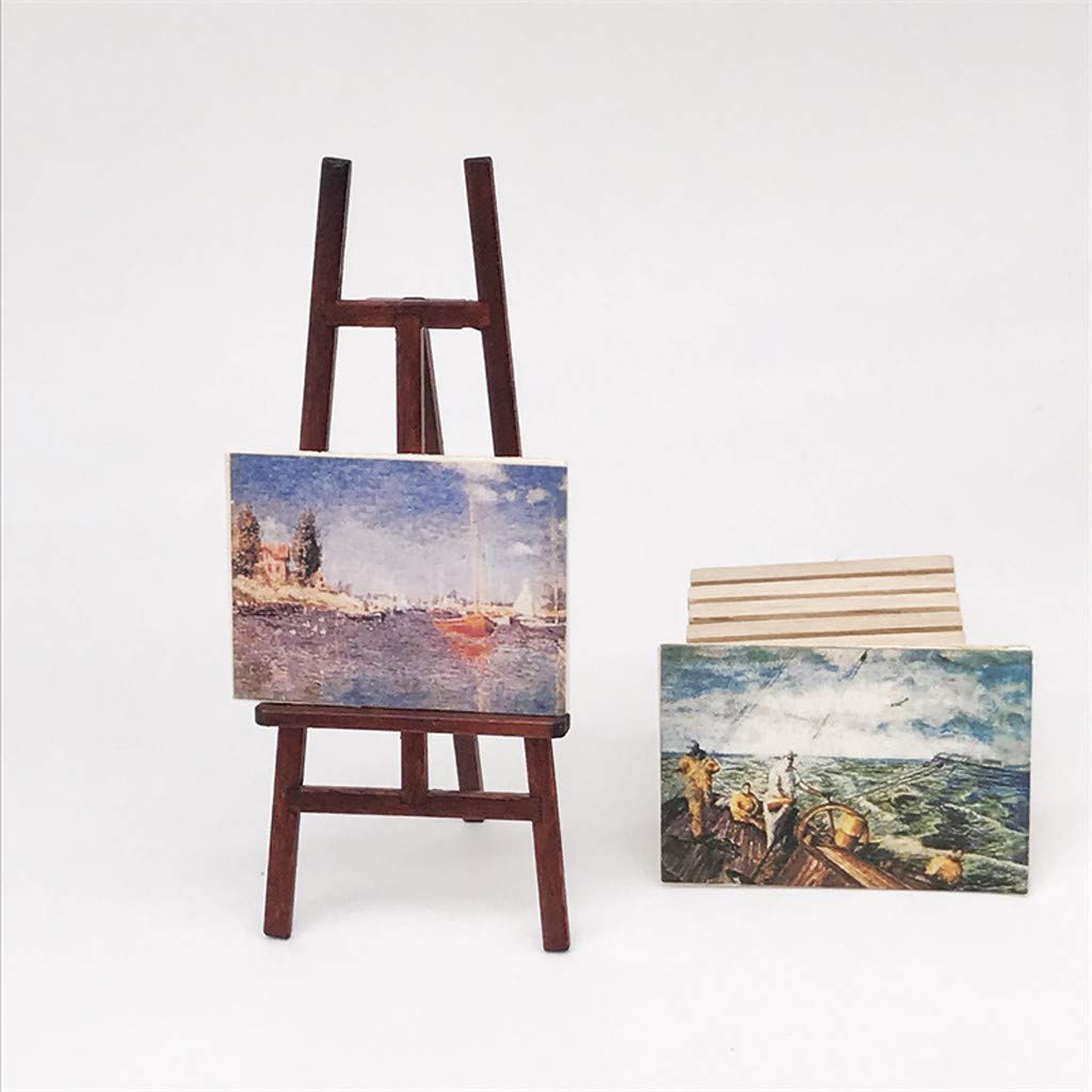 SXFSE Dollhouse Decoration Accessories, 1/12 Dollhouse Miniature Wooden Easel Oil Painting Set