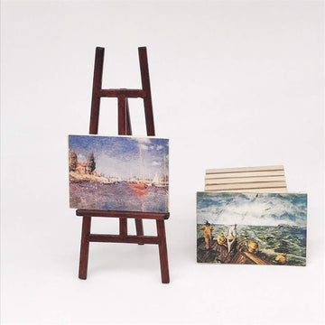 SXFSE Dollhouse Decoration Accessories, 1/12 Dollhouse Miniature Wooden Easel Oil Painting Set