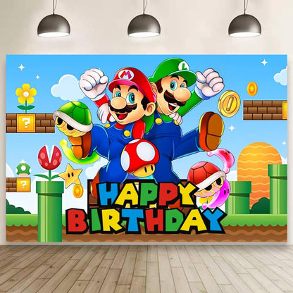 Mario Wall Decor Backdrop for Kids Birthday Decorations, Mario Banner for Birthday Party Supplies (5x3ft)