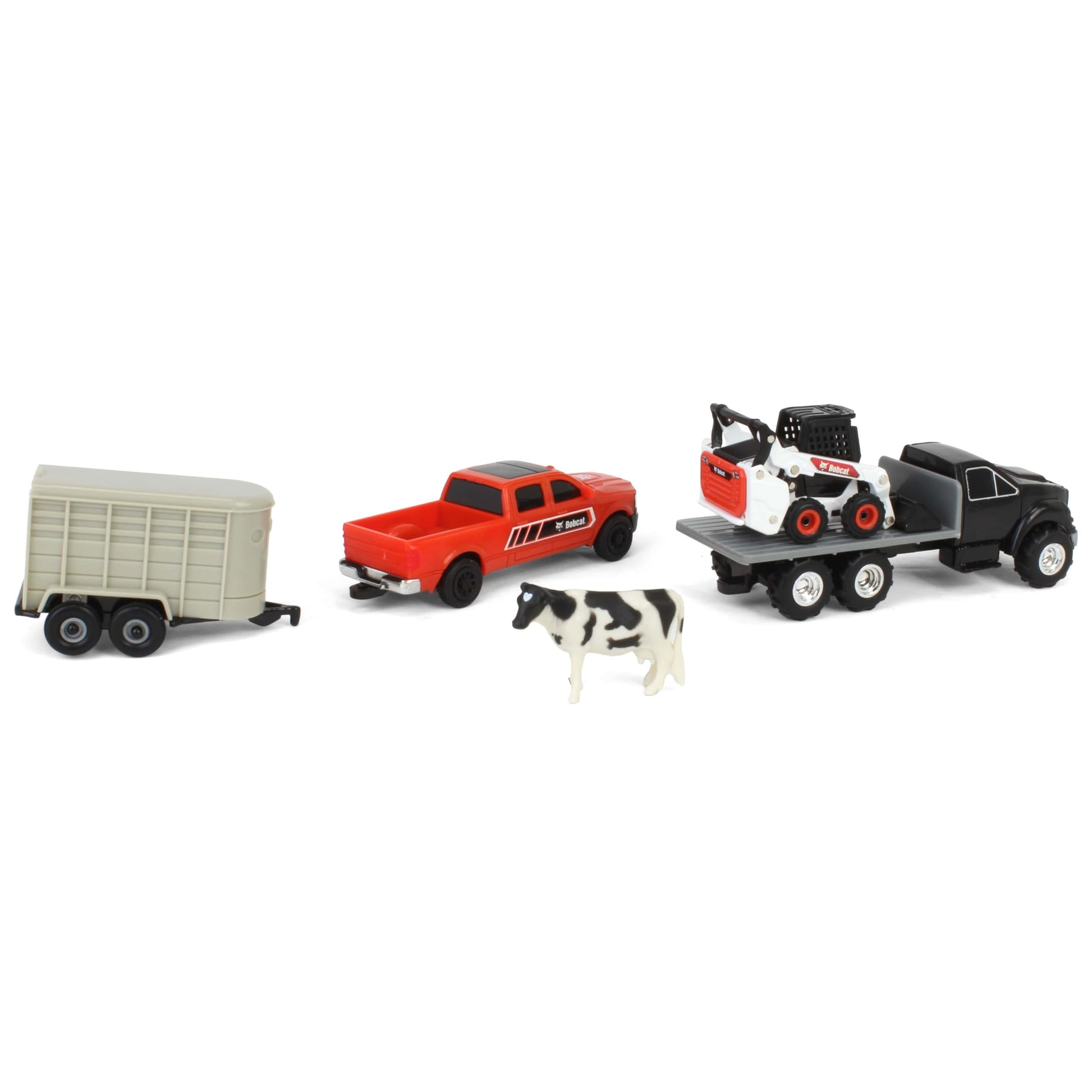 Agriculture 1/64 Bobcat 5 Piece Farm Set with Rollback, Livestock Trailer, Cow & Skid Loader 16503