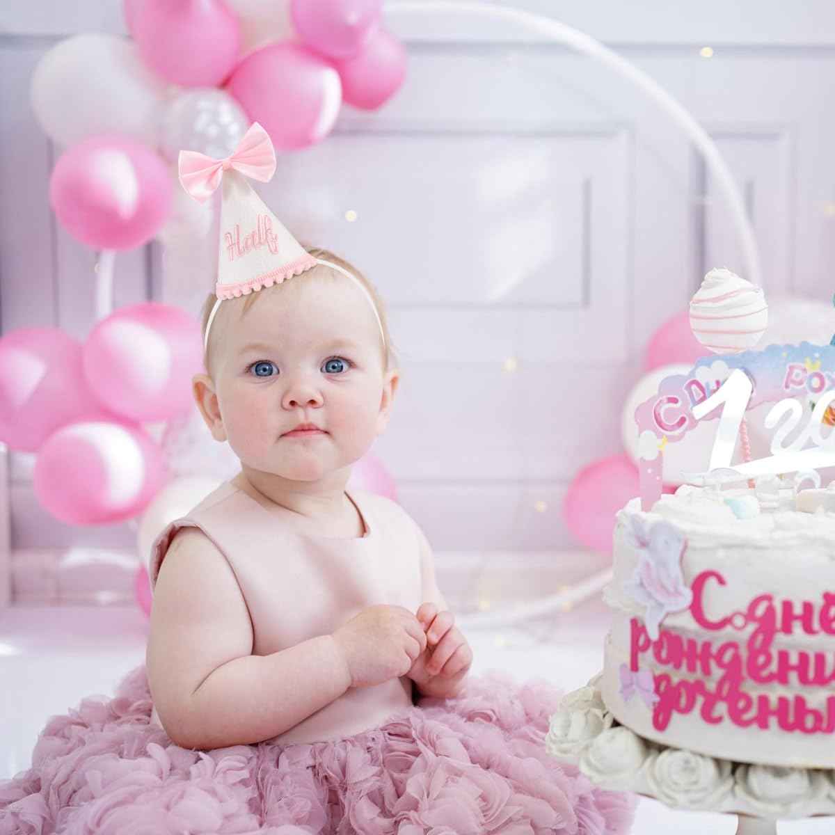 Kaniwati Pink Bow Half Birthday Hat,Bow Girl 1/2 Birthday Hat,Half Decorations for Girls,White and Pink Embroidery (CXMZ-HALF-HDJ)