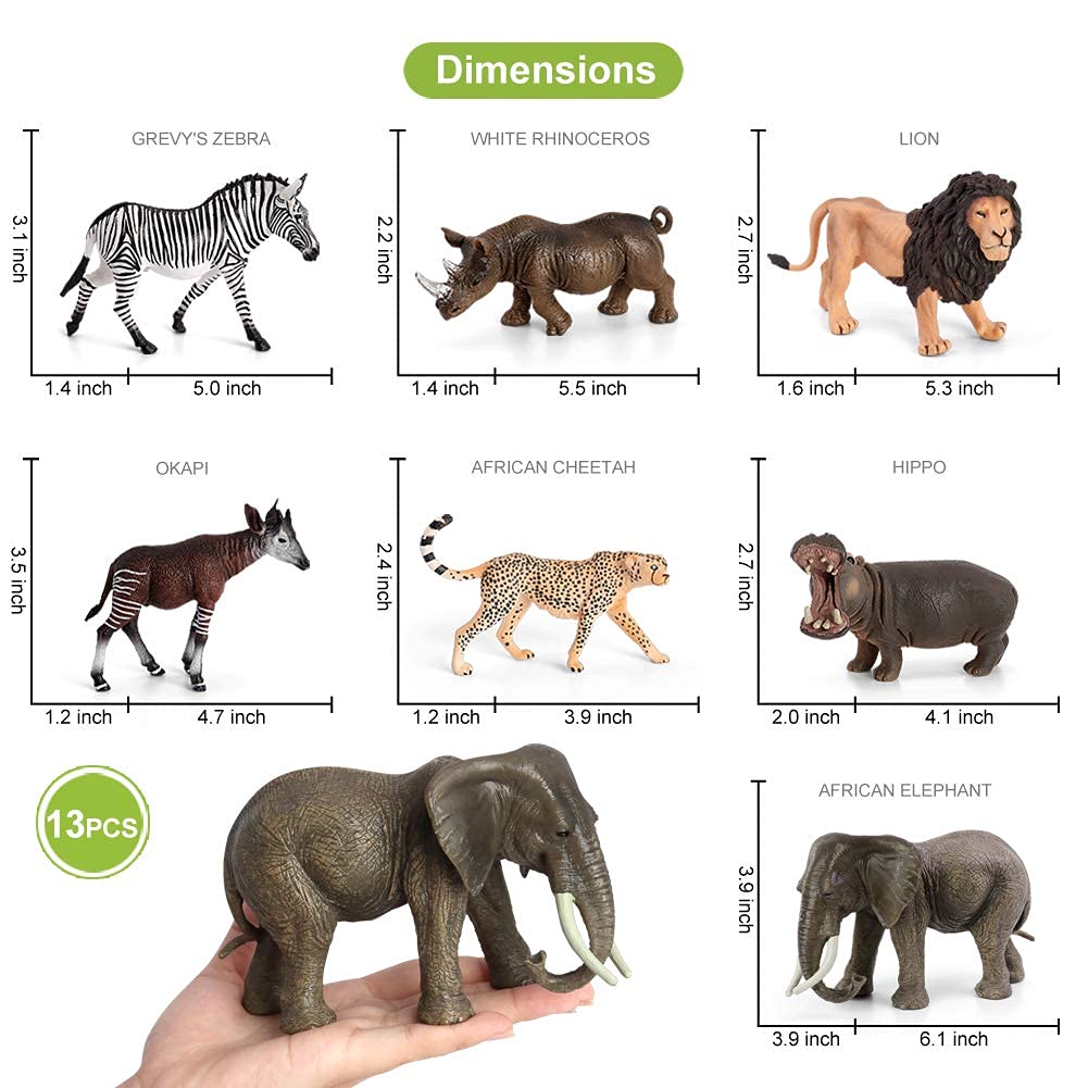 Volnau Safari Animal Figurines Toys 13PCS Africa Figures for Kids Toddlers Christmas Decoration Gift Preschool Educational Zoo Pack Lion Jungle Forest