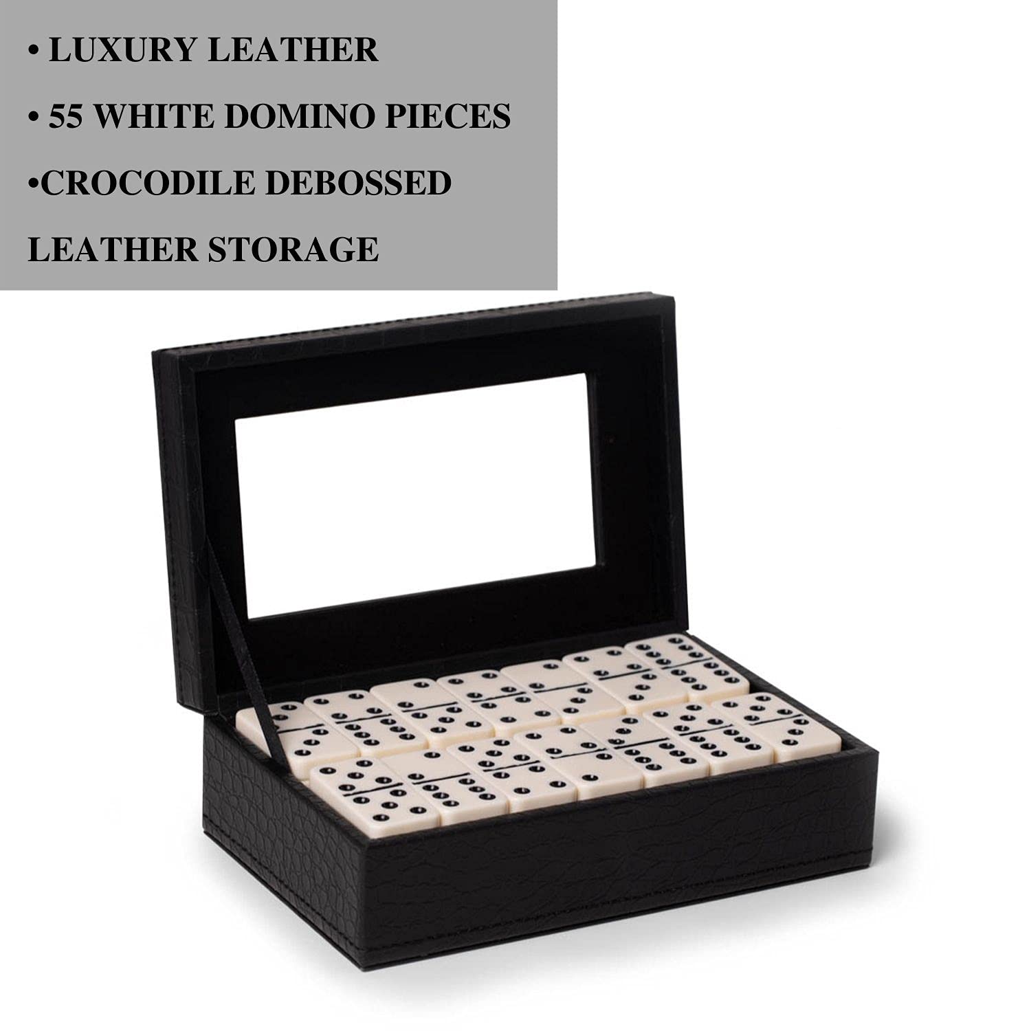 Bey-Berk Jaden Crocodile-Embossed Leather Domino Set, Double-6 55-Piece Tiles in Black Display Case, Coffee Table Game Set