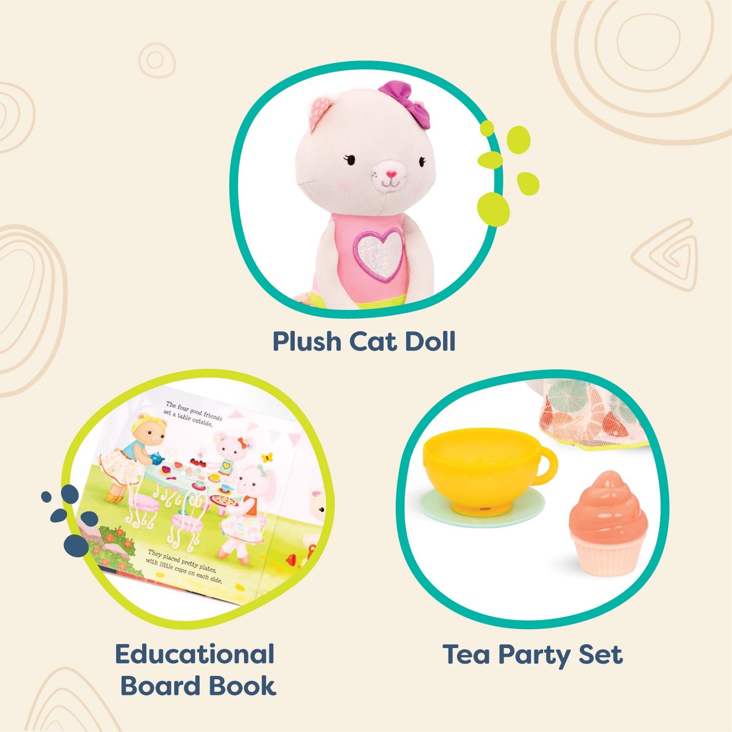 B. toys Tippy Toes Cali Cat Plush Tea Party Playset with Storybook