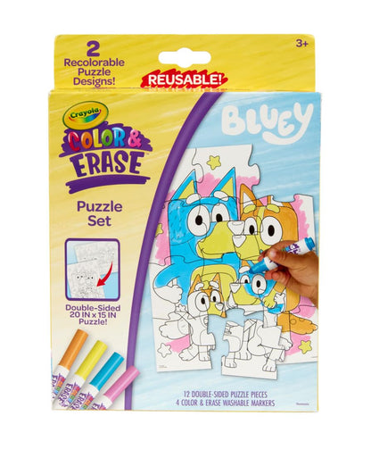 Crayola Color & Erase Bluey Puzzle Set, 12 Color in Puzzle Pieces, Reusable, Double Sided Kids Puzzle, Bluey Gift for Kids, 3+