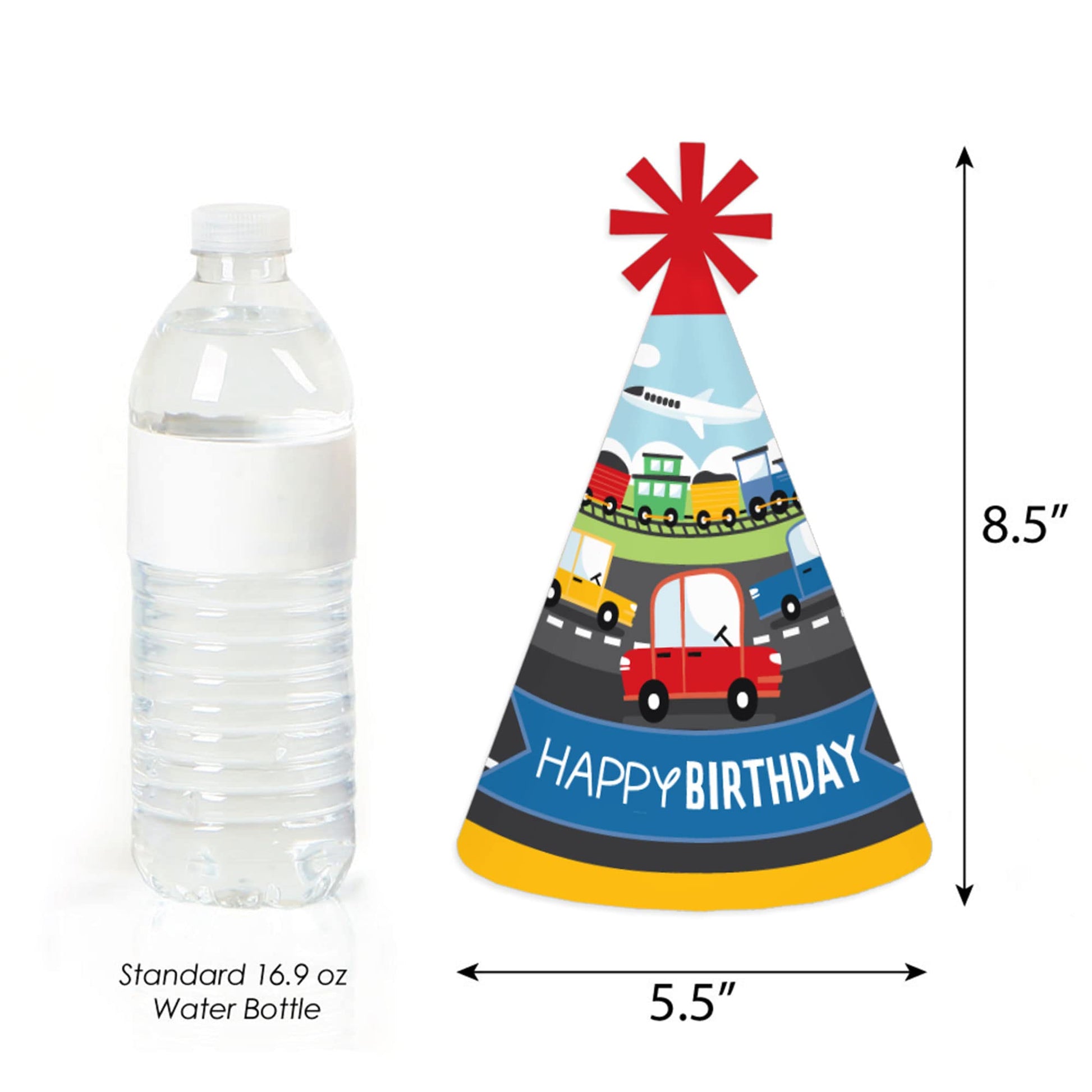 Big Dot of Happiness Cars, Trains, and Airplanes - Cone Happy Birthday Party Hats for Kids and Adults - Set of 8 (Standard Size)