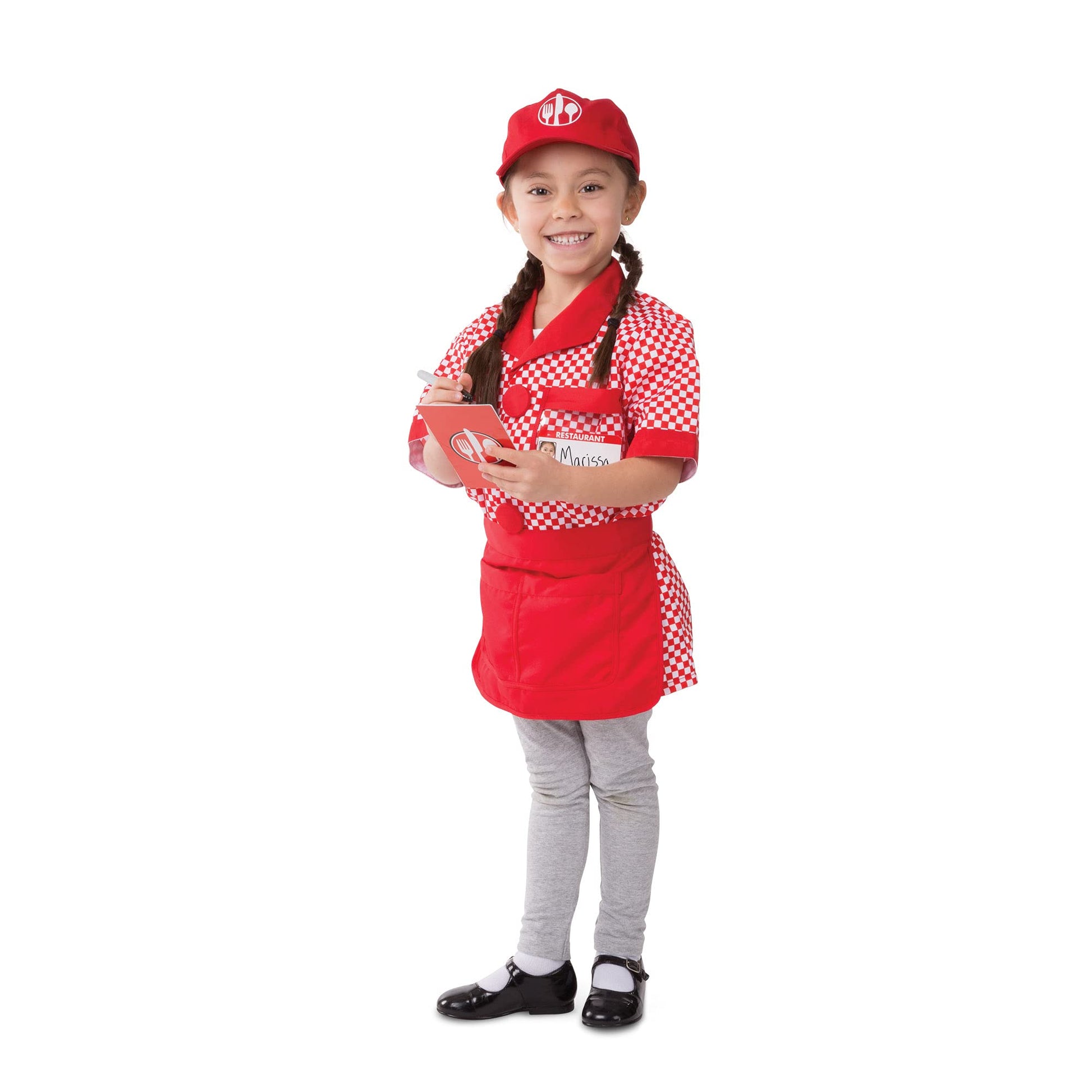 Melissa & Doug Server Costume, Pretend Play Dress Up Set (9-Pc) Shirt, Apron, Menu & Accessories, Role Play Toys for Kids 3+