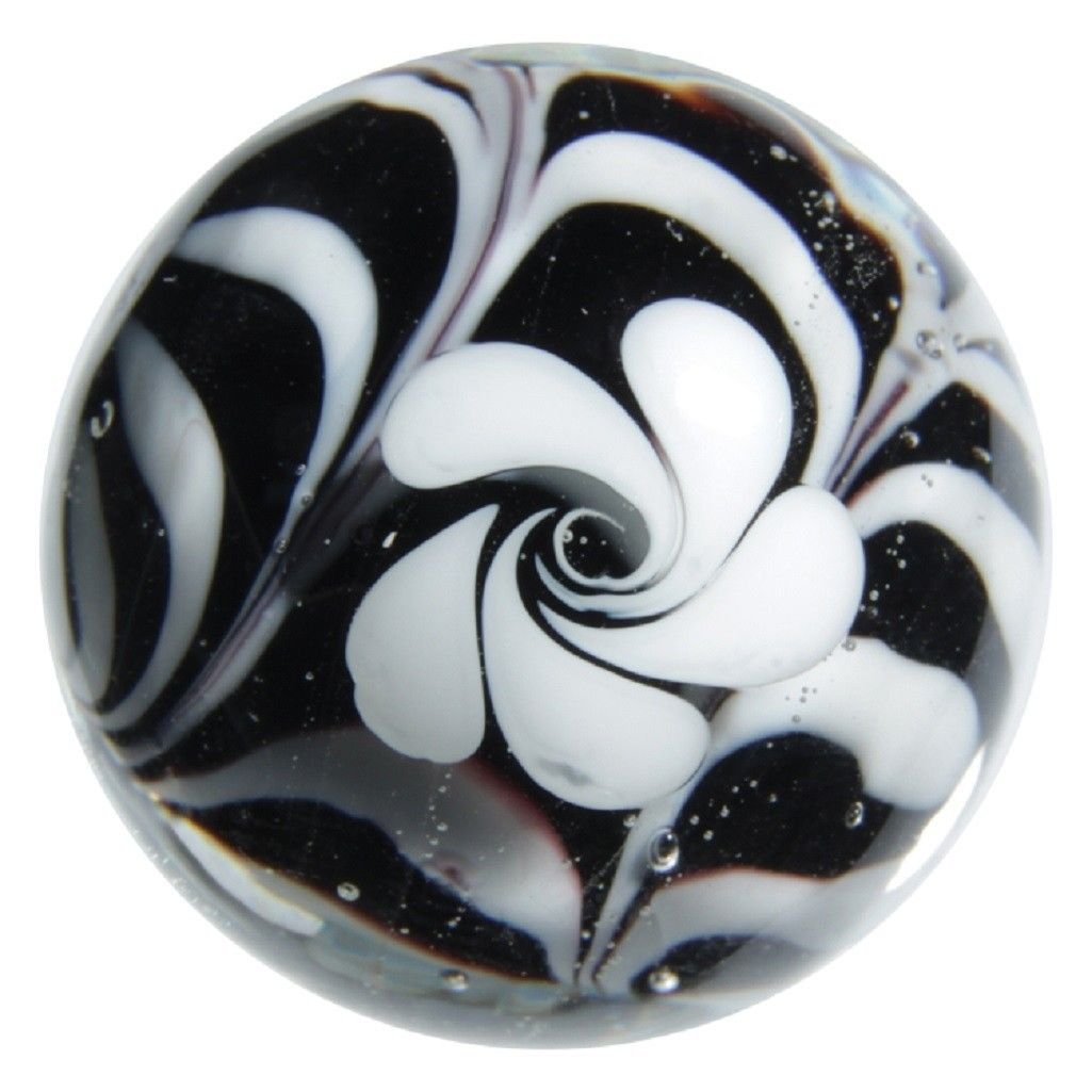 Big Game Toys~22mm (7/8") Hocus Pocus Hand Made Art Glass Marble w/Stand Black/White Flower Swirl