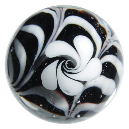 Big Game Toys~22mm (7/8") Hocus Pocus Hand Made Art Glass Marble w/Stand Black/White Flower Swirl