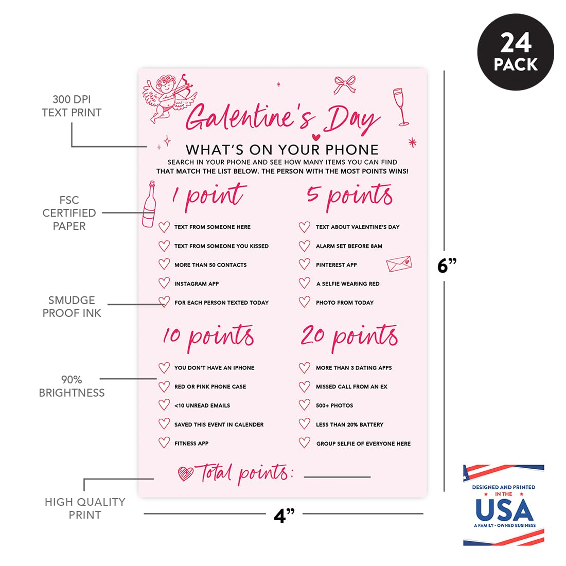 Andaz Press 4"x6" Galentines Day Games For Women, Bows & Cupid Galentine's What's On Your Phone, Fun Galentines Activities, Brunch Drinking Games