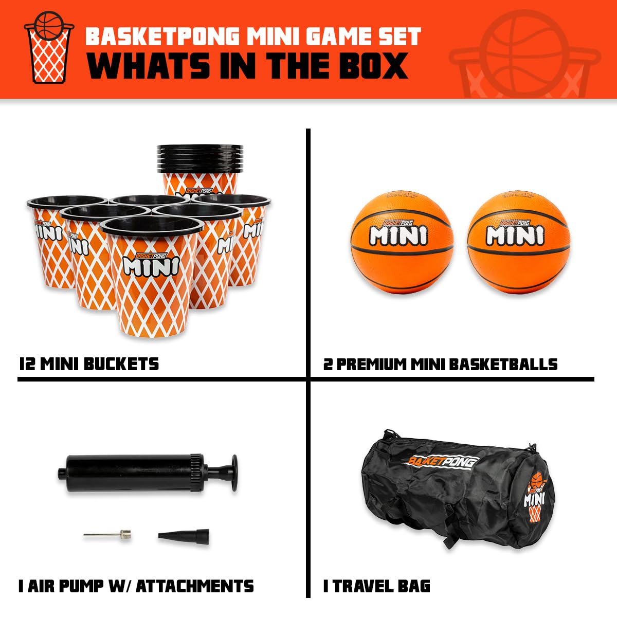 BasketPong Mini - Yard Pong and Basketball Game with 12 Buckets, 2 Balls, Carrying Bag, and Air Pump - Outdoor Game for Lawn, Backyard, Beach,
