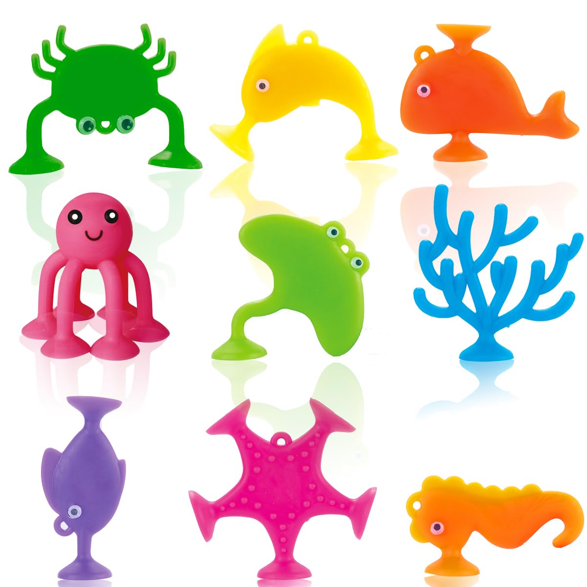 Suction Bath Toys for Kids, 9 PCS Silicone Ocean Animal Suction Cup Toys, Mold Free No Hole Bathtub Toy, Sensory Window Building Toy Gifts for Toddler