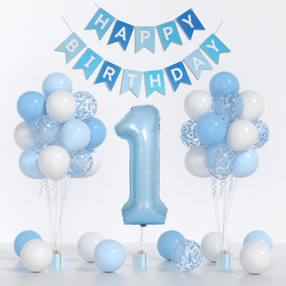 Baby Blue White Balloons And 40inch 1 Balloon, First Birthday Decorations For boy With blue White Confetti Balloons, Happy Birthday Banner Large 1