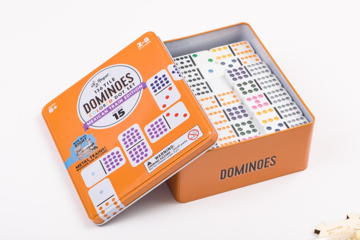 Regal Games Mexican Train Double 15 Dominoes Set for Adults & Kids - Domino Game with 136 Tiles Colored Dots & 8 Metal Trains - 2-8 Player Games
