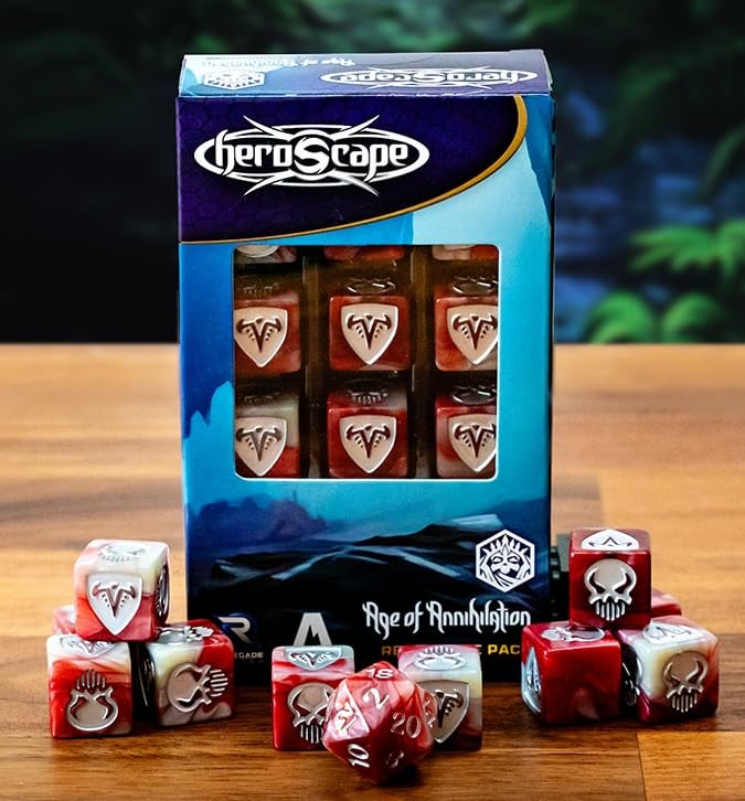 Renegade Heroscape: Revna Dice Pack | Contains 10 d6 & 1 d20 | Red & Cream Two-Toned Dice | Ages 14+