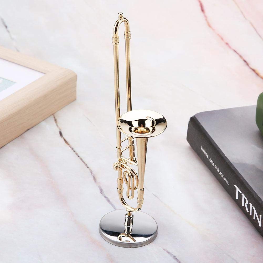 Trombon Miniatura Trombone Ornament Miniature Musical Instrument Trombone Model With Supoort And Case For Dollhouse Music Room Decoration