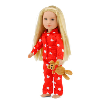 Emily Rose 14 Inch Doll Silky Red & White Heart Set Gift Boxed | USA Brand 3-Piece Sleeping Outfit with Teddy Bear Companion | Encourages Creative