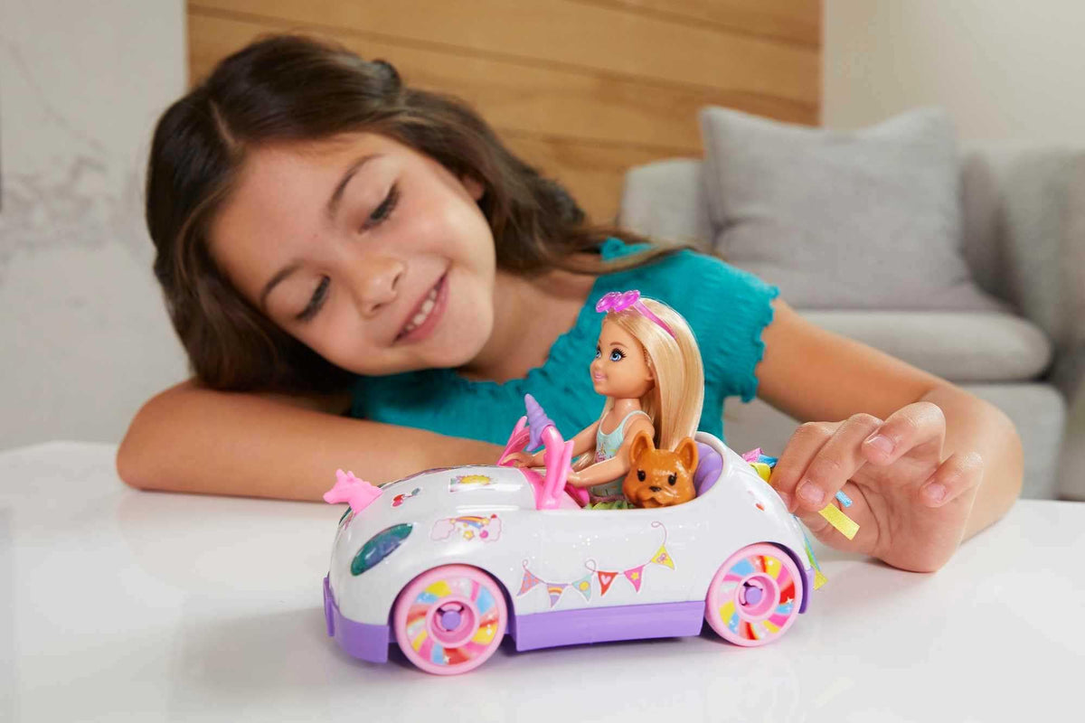 Barbie Chelsea Toy Car Set with Unicorn Theme, Blonde Small Doll in Removable Skirt, Pet Puppy, Sticker Sheet & Accessories