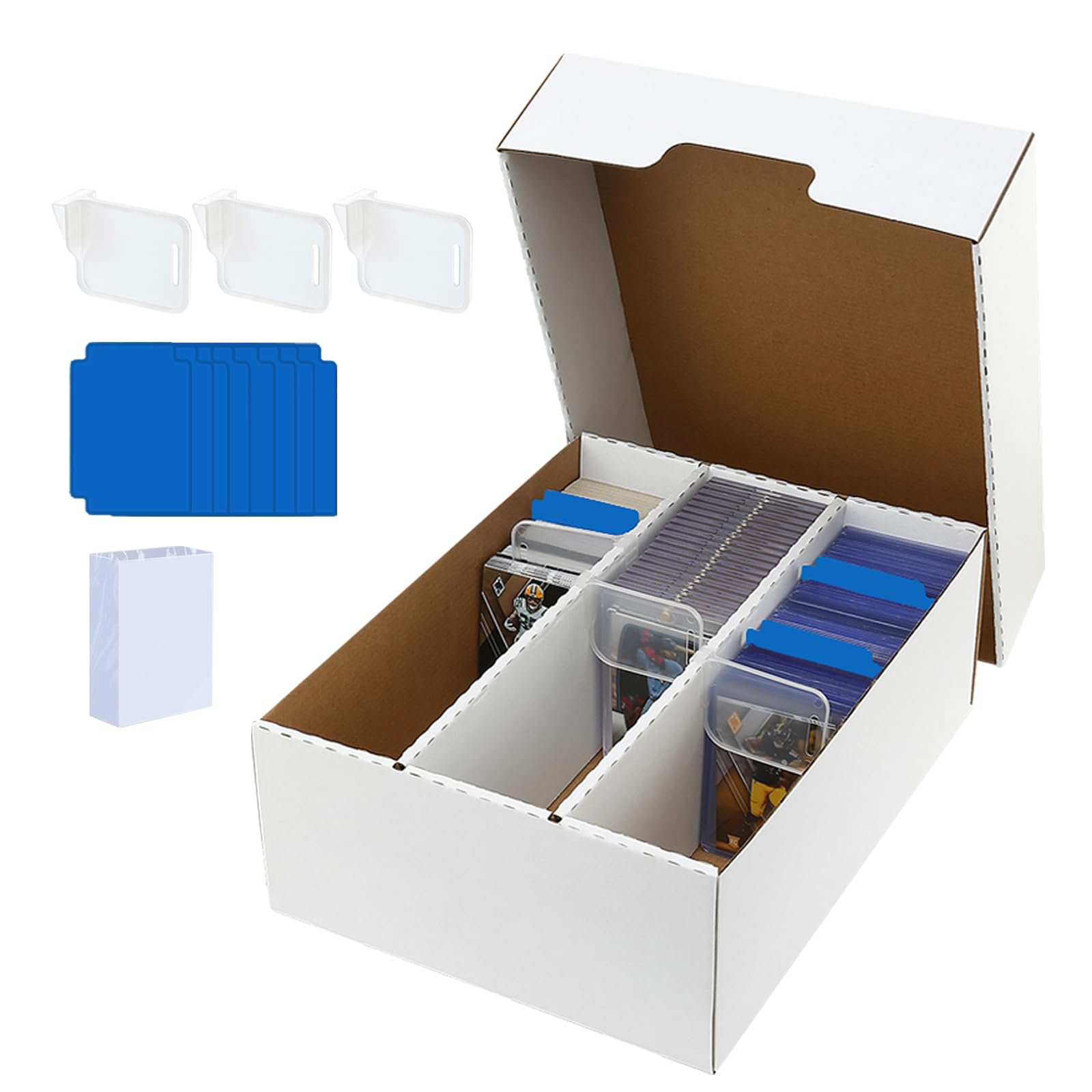 MZONGZI 3 Row Trading Card Storage Box - Holds 2400 Cards, Fits Toploaders & Magnetic Cases, Includes 50 Sleeves, 8 Dividers & 3 Supports - Sport Card