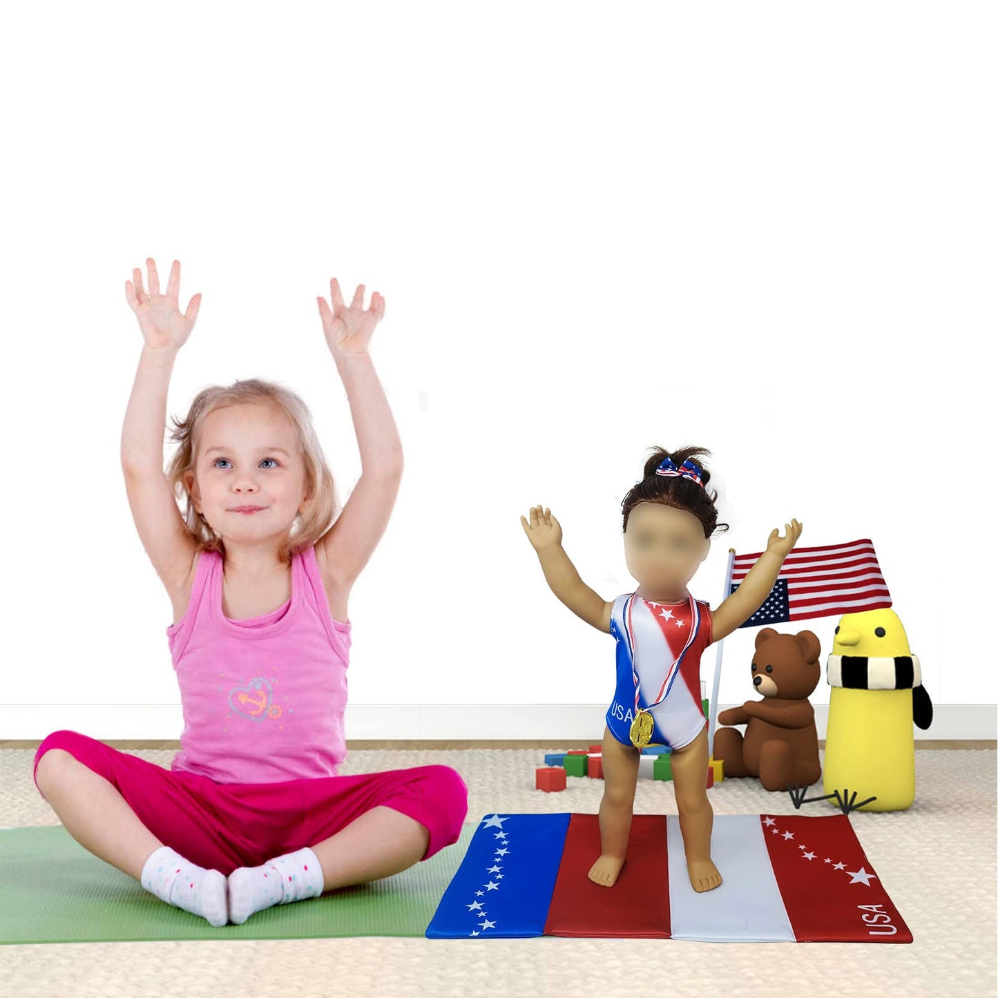 18 Inch Doll Clothes and Accessories,18 inch Dolls Gymnastics Leotard,Matching Doll 4th July Patriotic Clothes USA Flag,Mat and Olympic Gold Medal