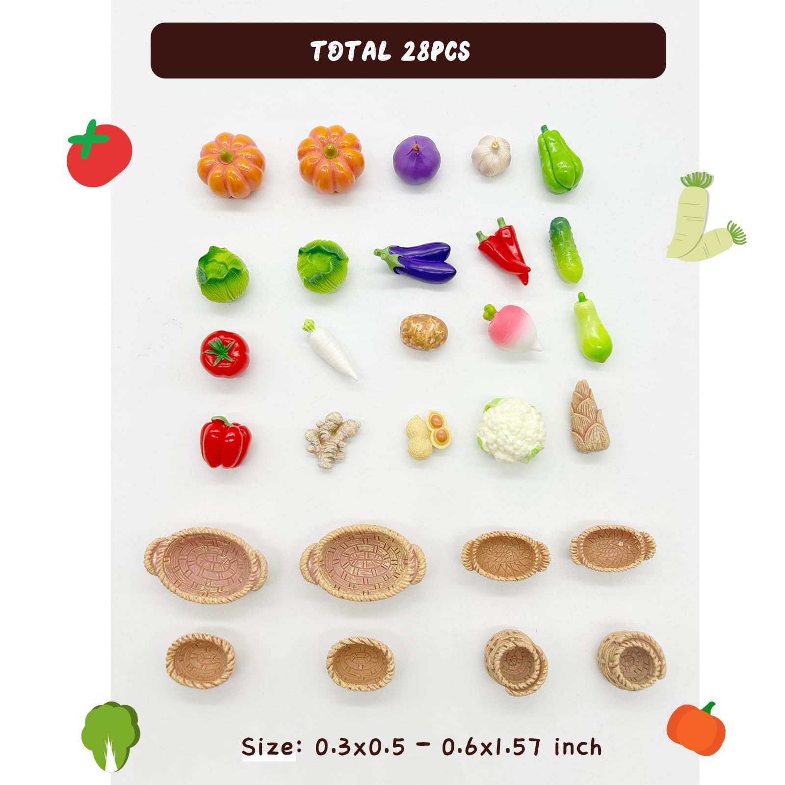 28Pcs Miniature Vegetable Figurines, Miniatures Kitchen Food, Fake Mini Vegetables, Resin Vegetables Model, Miniature Baskets Decor Set for Mini House