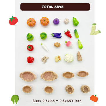 28Pcs Miniature Vegetable Figurines, Miniatures Kitchen Food, Fake Mini Vegetables, Resin Vegetables Model, Miniature Baskets Decor Set for Mini House