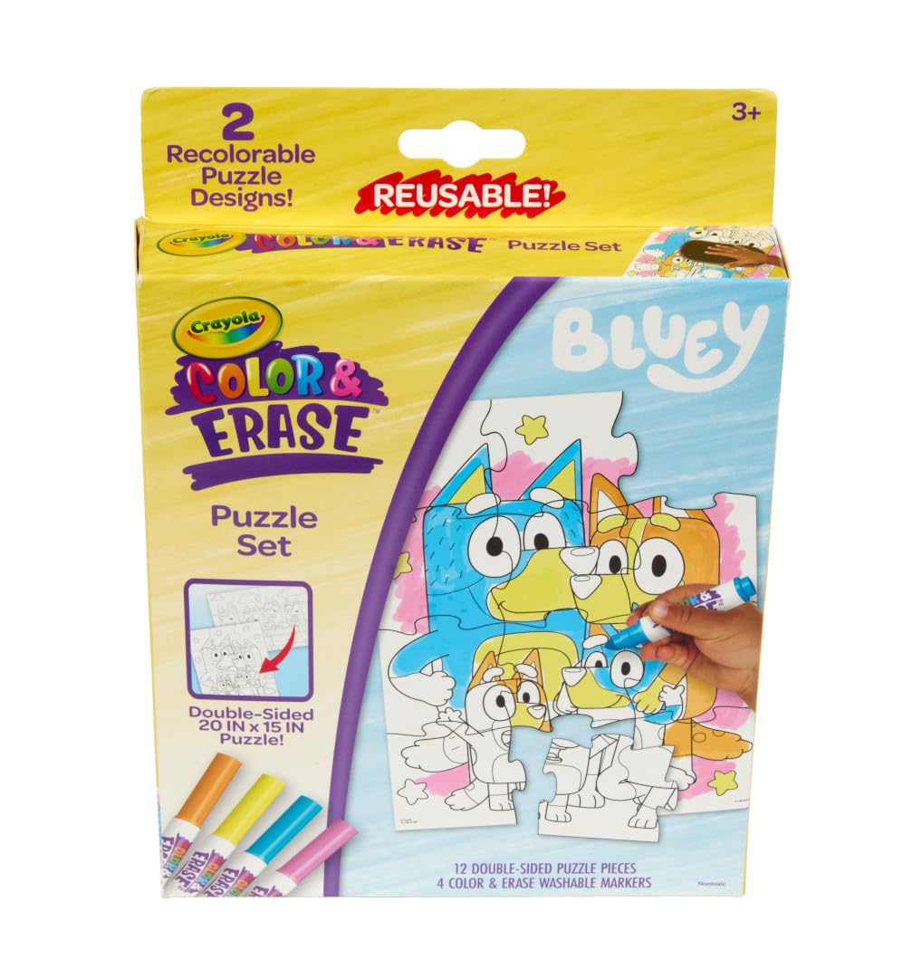 Crayola Color & Erase Bluey Puzzle Set, 12 Color in Puzzle Pieces, Reusable, Double Sided Kids Puzzle, Bluey Gift for Kids, 3+