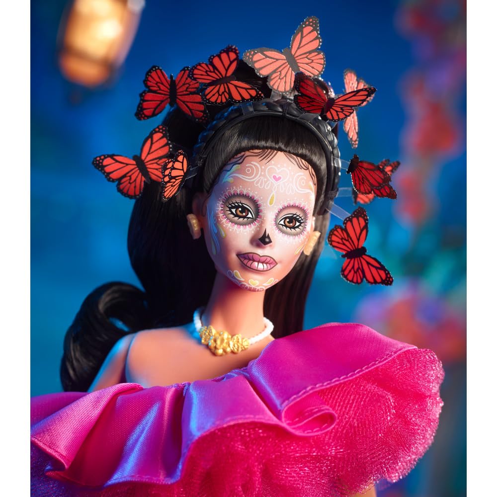 Barbie Signature Fashion Doll, 2023 Dia de Muertos Collectible Wearing Ruffled Pink Gown & Holding Tiny Ofrenda, Includes Doll Stand