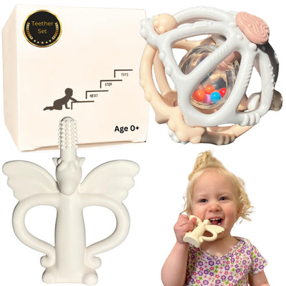 Silicone Teething Toys & Baby Sensory Toys | Rattle Ball & Unicorn Teether Set | Infant Teething Ball & Chew Toy for Babies | Teeth Tamer Car Seat