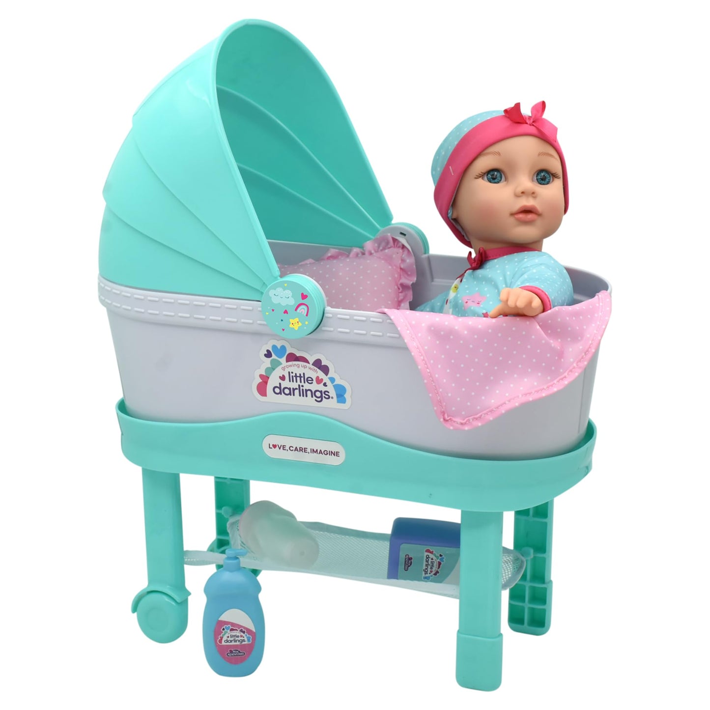 New Adventures Little Darlings: 12" Bassinet Baby Doll Set - Teal, Pink, Stars - Soft Body Doll, Plastic Bassinet, Accessories, Toddler Kids Ages 2+
