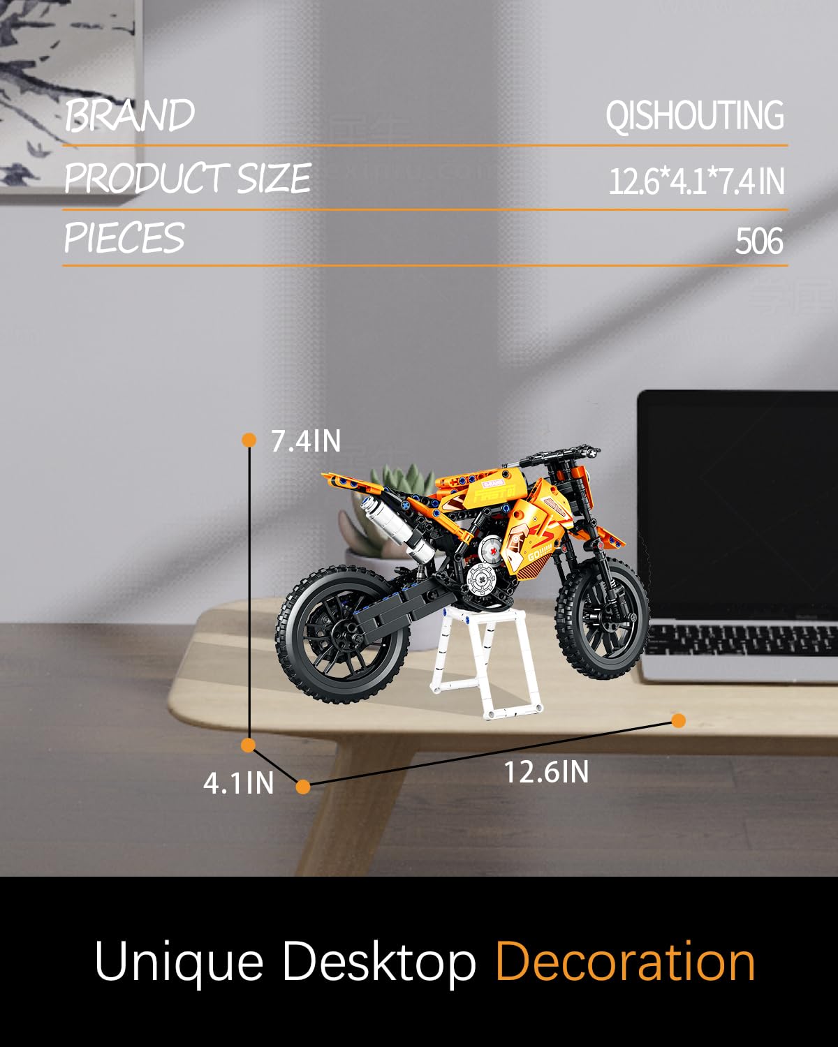 QISHOUTING 1:8 Scale Off-Road Dirt Motorcycle Building Set for Adults,with Display Sand, Dirt Bike Building Kits, Birthday for Adults(506PCS)