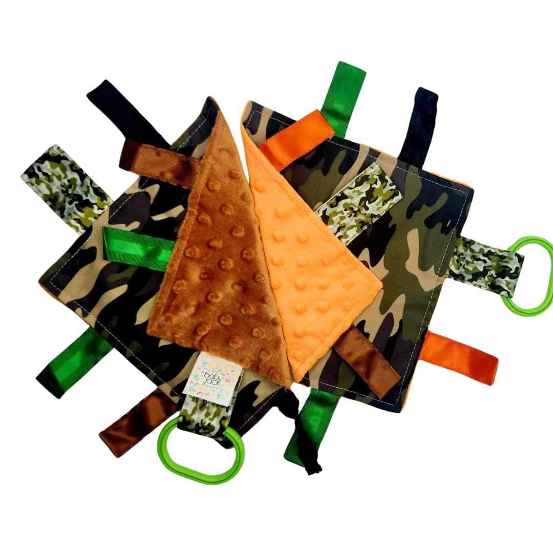 Baby Jack & Co 8x8 Army Military Child Camouflage Lovey Tag Toy Soother Lovey - Crinkle Paper - Soft & Safe - Touch and Feel - Ideal Newborn Gift