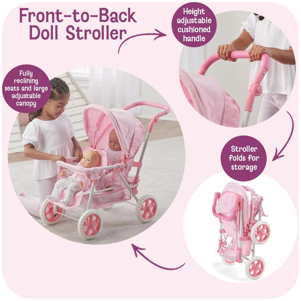 Badger Basket Double Front to Back Stroller for Dolls - Lightweight Foldable Toy Pram with Gingham Fabric Canopy and Storage Basket - Fun Pretend Play