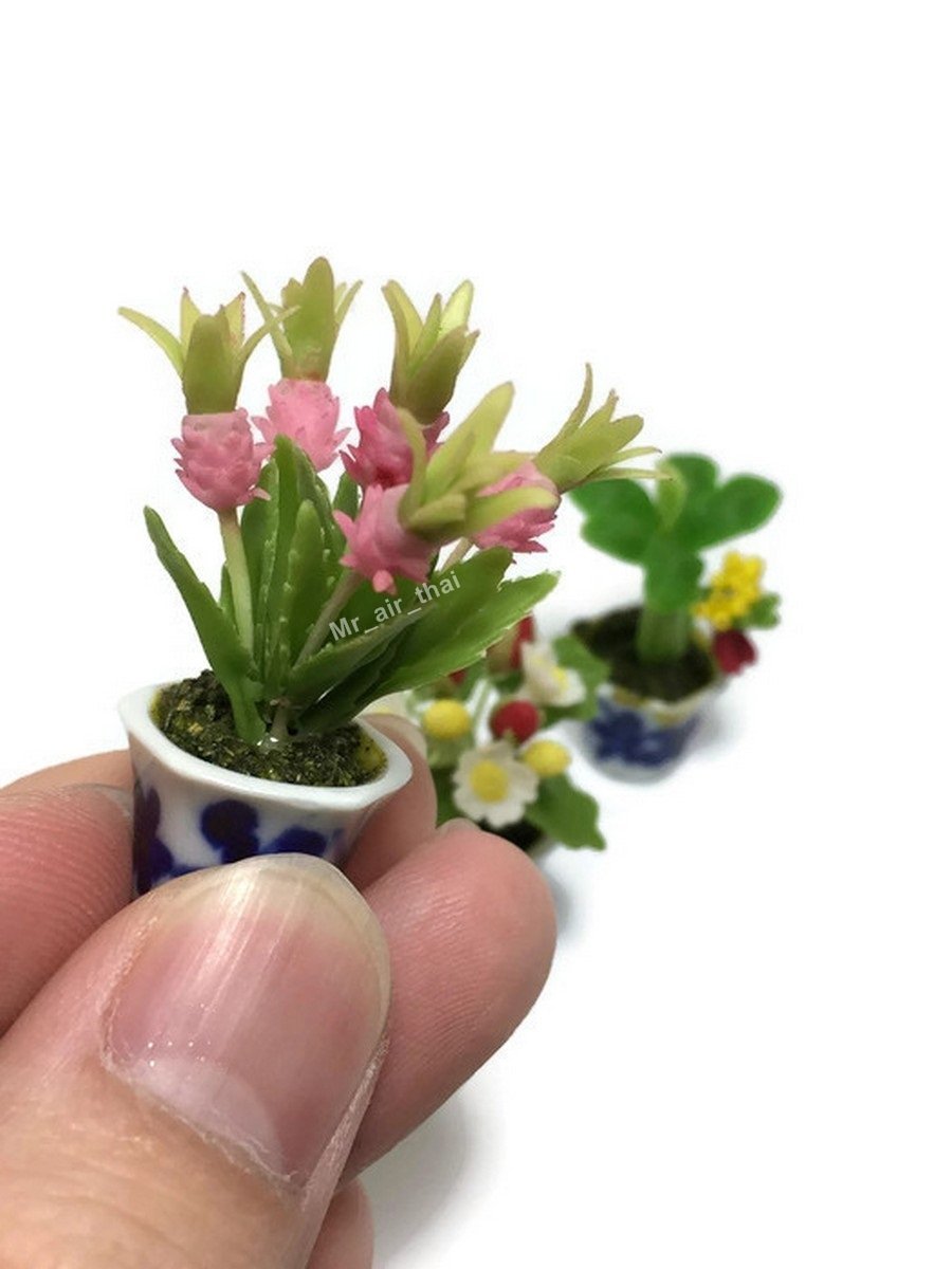 3pc Flower Clay Miniature Dollhouse Fairy Garden Mini Plant Trees Ceramic Paint Furniture Bundles Artificial Flowers Orchid #061